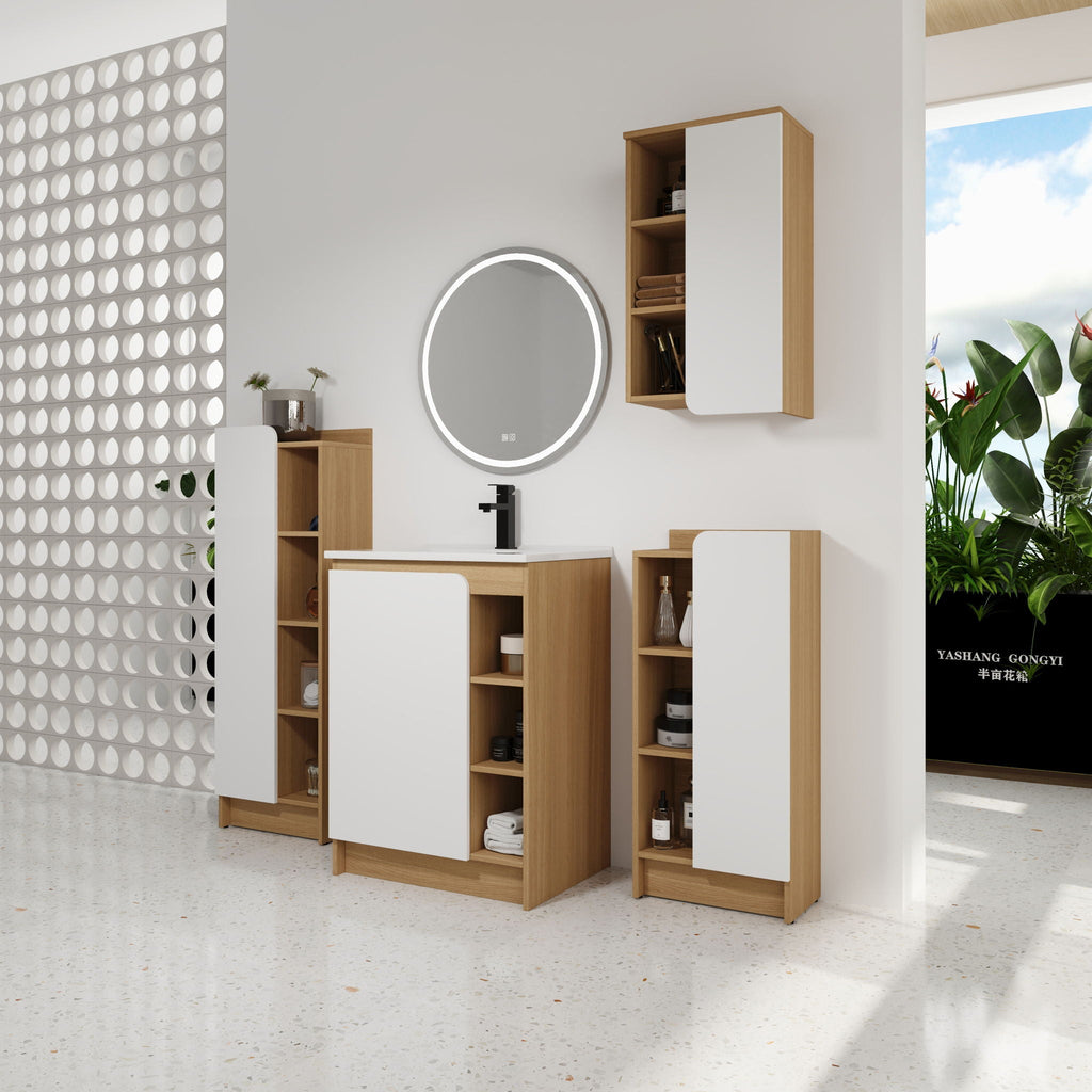 4 Piece Bathroom Vanity Set with Integrated Ceramic Sink and Storage - Black, Light Oak, White
