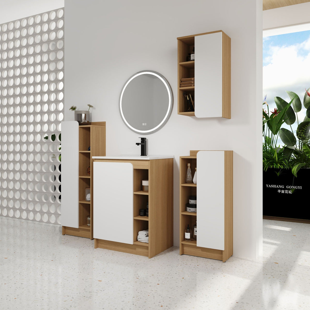 4 Piece Bathroom Vanity Set with Integrated Ceramic Sink and Storage - Black, Light Oak, White