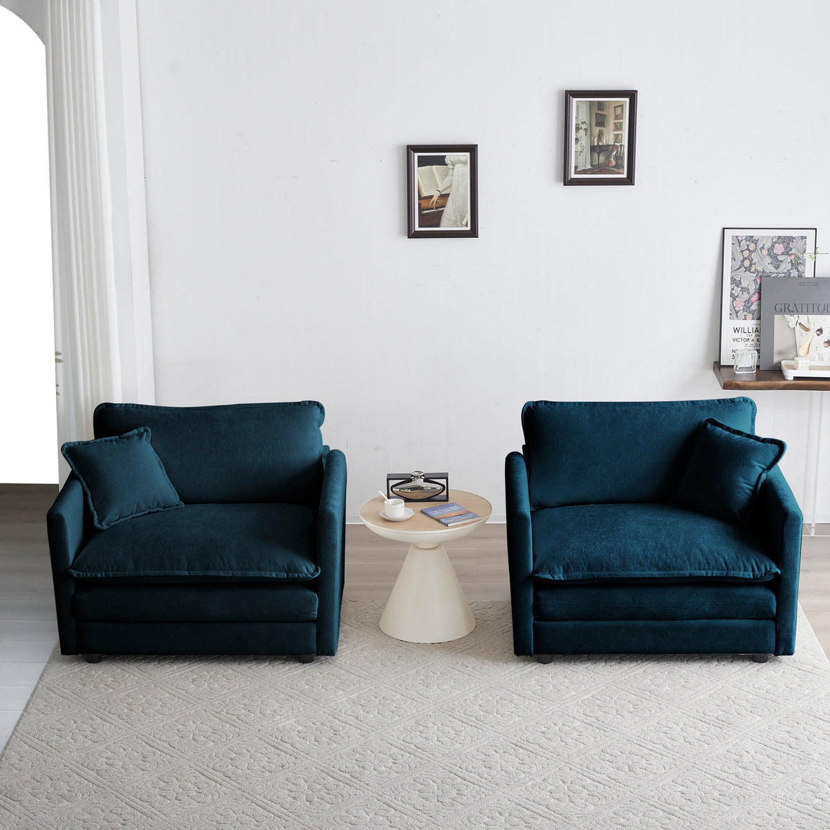 Blue Chenille Upholstered Accent Chair Set of 2 with Solid Wood Frame