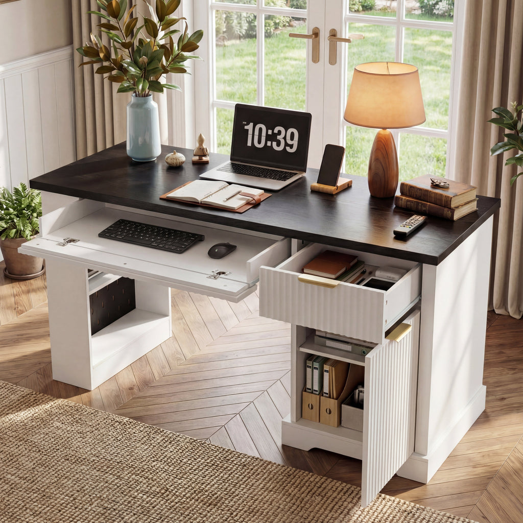 55" Modern Fluted Office Desk with Storage Cabinet & Drawers - MDF