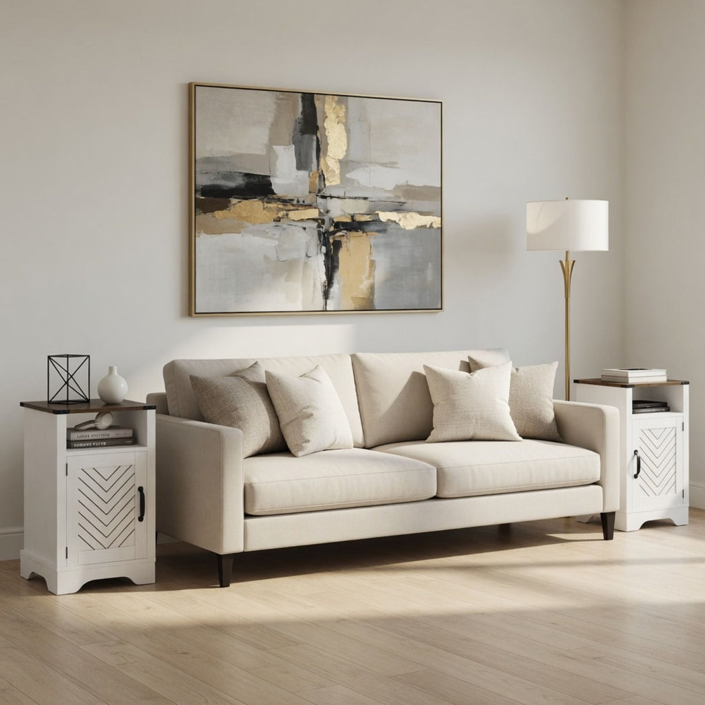 Farmhouse Nightstand with Charging Station & Storage - White