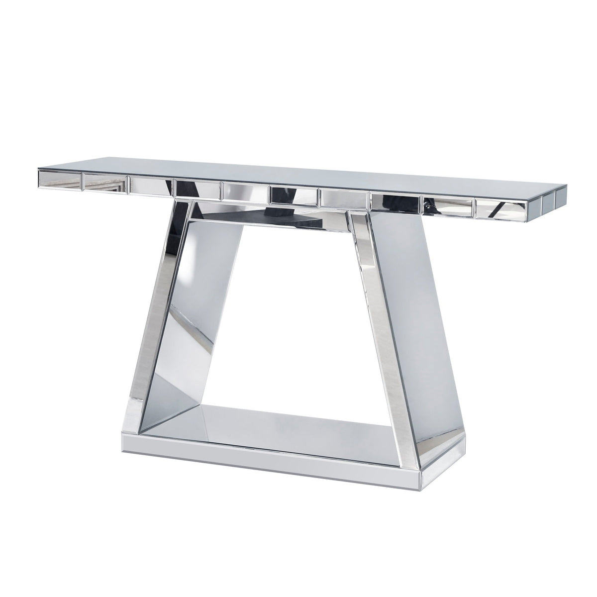 Full Body Mirror Console Table with 360° Reflective Surface and Trapezoid Base - Silver