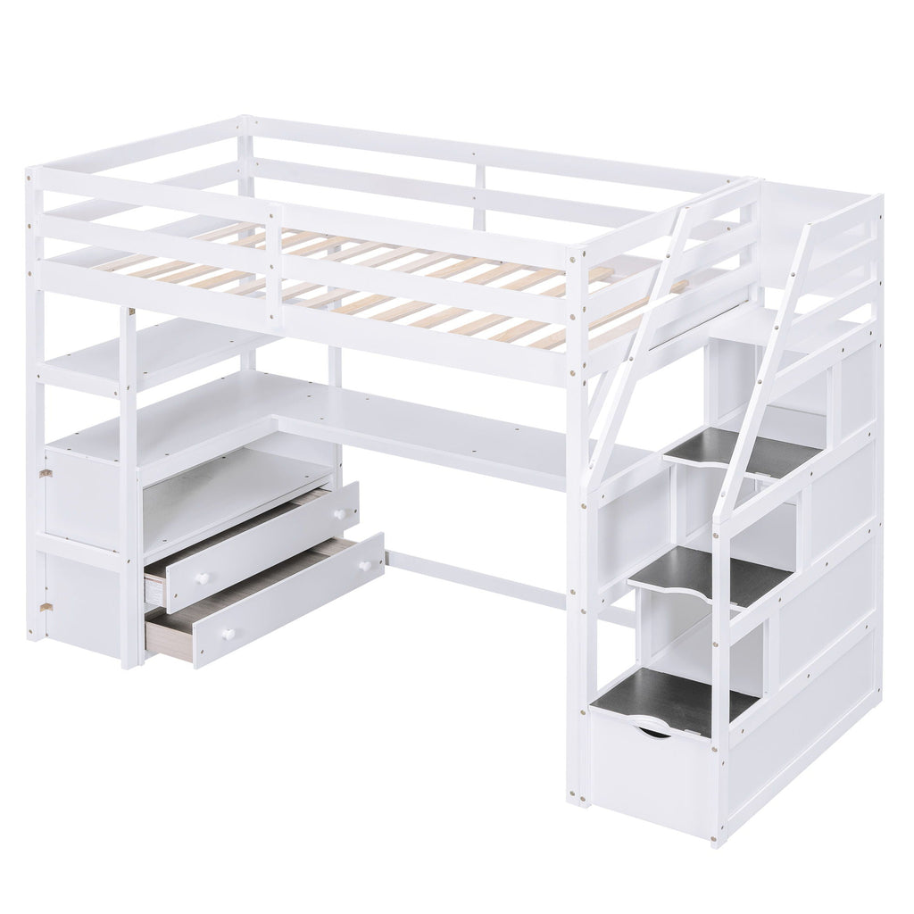 Loft Bed with Desk and Storage Staircase - Full or Twin, White or Gray