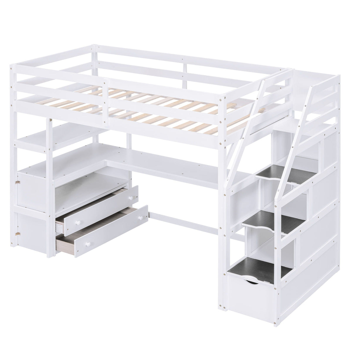 Loft Bed with Desk and Storage Staircase - Full or Twin, White or Gray