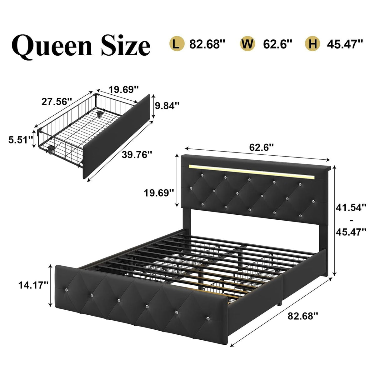Upholstered Storage Bed Frame with LED Lights and Drawers – White or Black