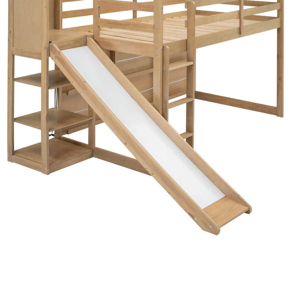 House Loft Bed with Slide and Storage Shelves - Twin with Light
