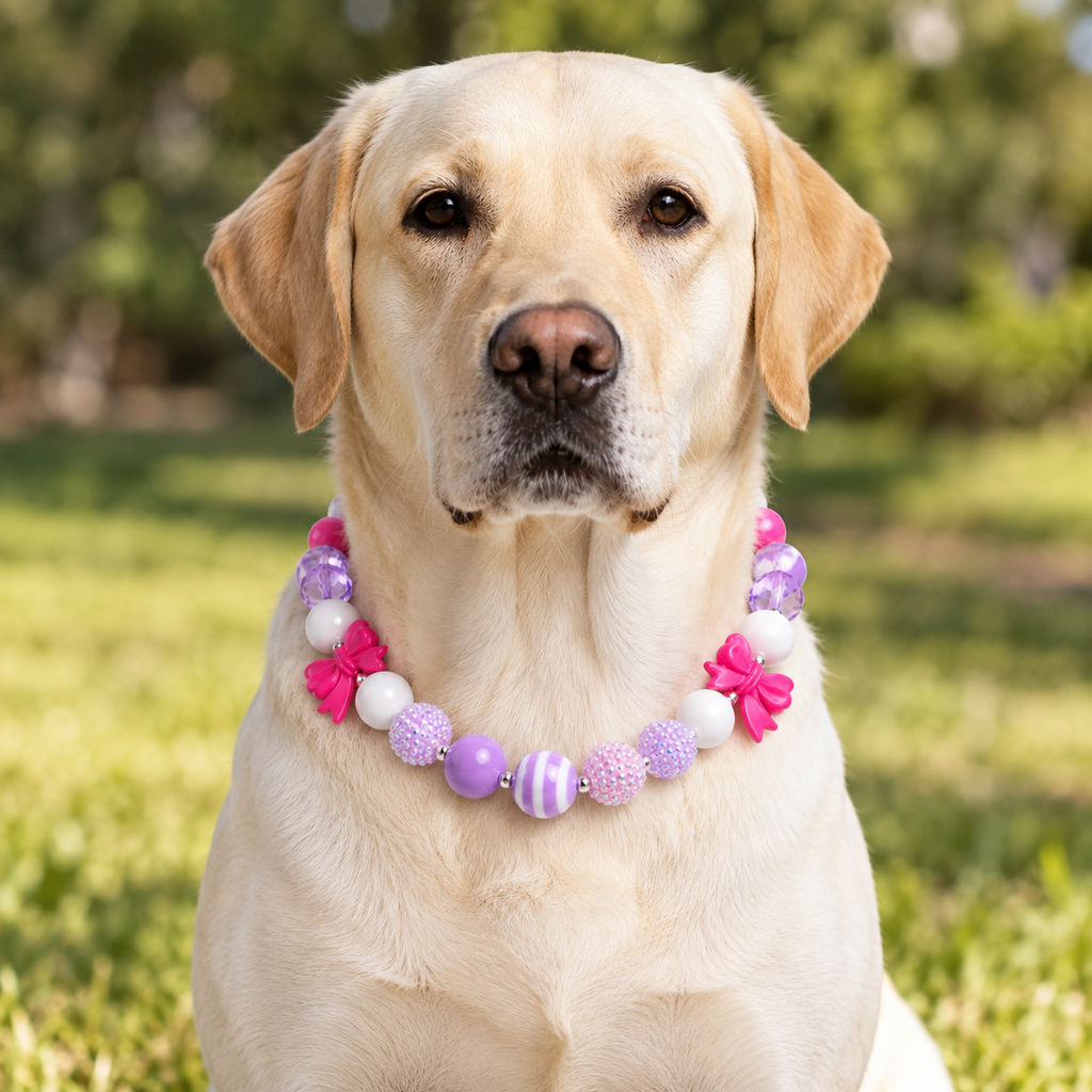 Pink Purple Bow Acrylic Beaded Dog Necklace - Large