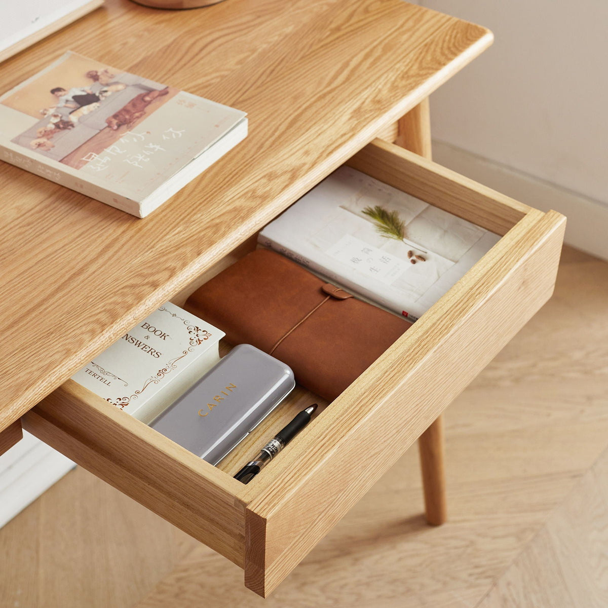 Oak Computer Desk with Drawer - Natural Wood Finish