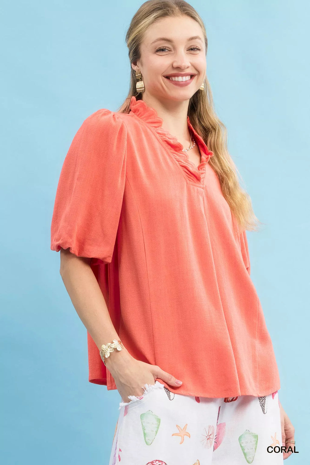 Umgee Linen Scallop Trim V-Neck Blouse