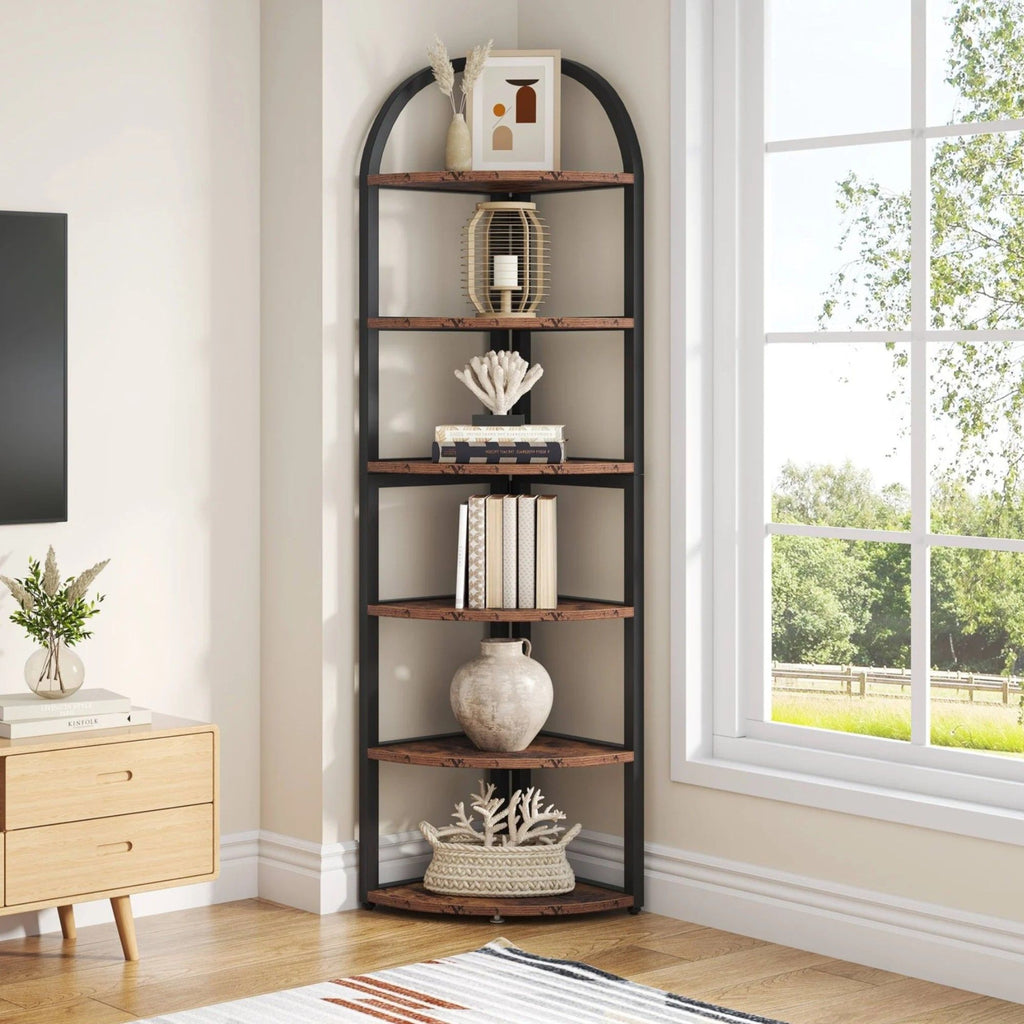 Tall 6 Tier Corner Shelf with Sturdy Metal Frame - Rustic Brown