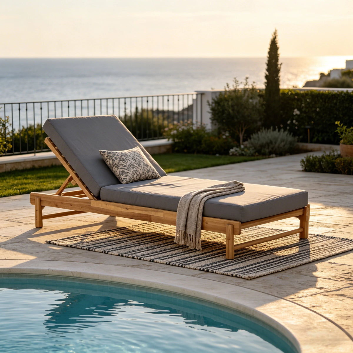 Light Teak Acacia Wood Chaise Lounge Set with Adjustable Backrest - Dark Grey
