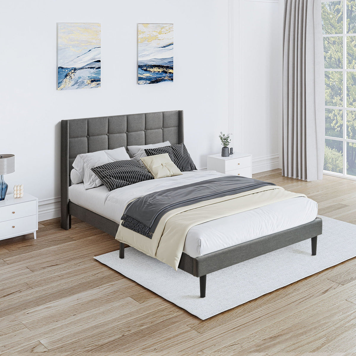 Queen Size Upholstered Platform Bed Frame With Button Tufted Linen Fabric Headboard - Dark Gray