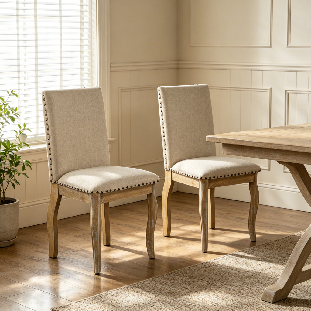 Wood Upholstered Dining Chairs Set of 2 with Padded Seat - Natural Wash