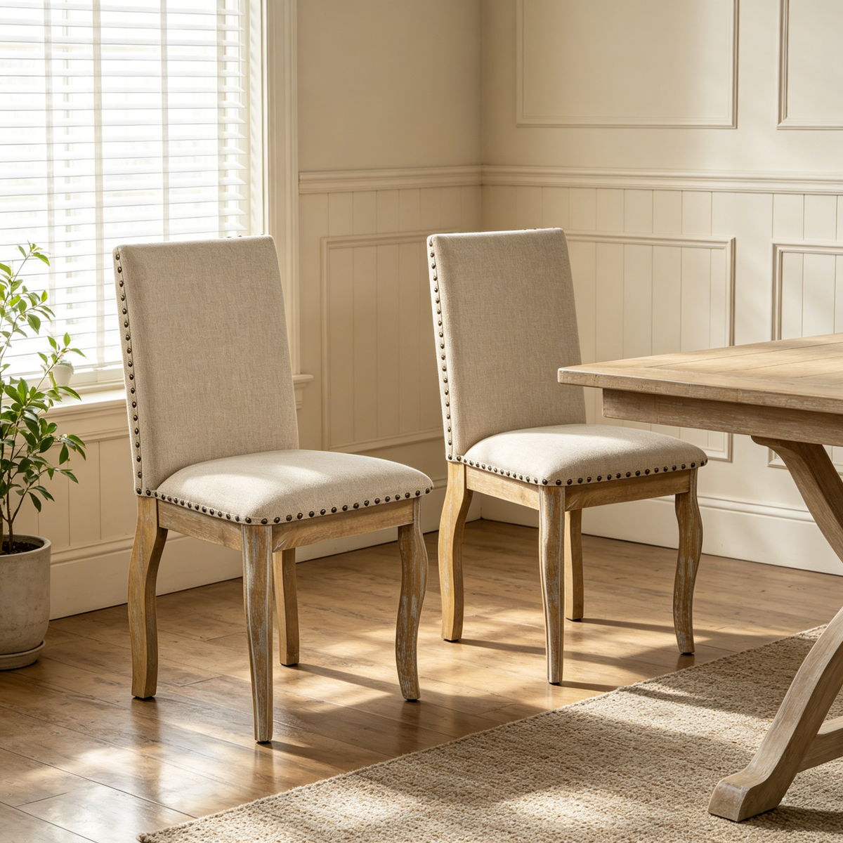Wood Upholstered Dining Chairs Set of 2 with Padded Seat - Natural Wash