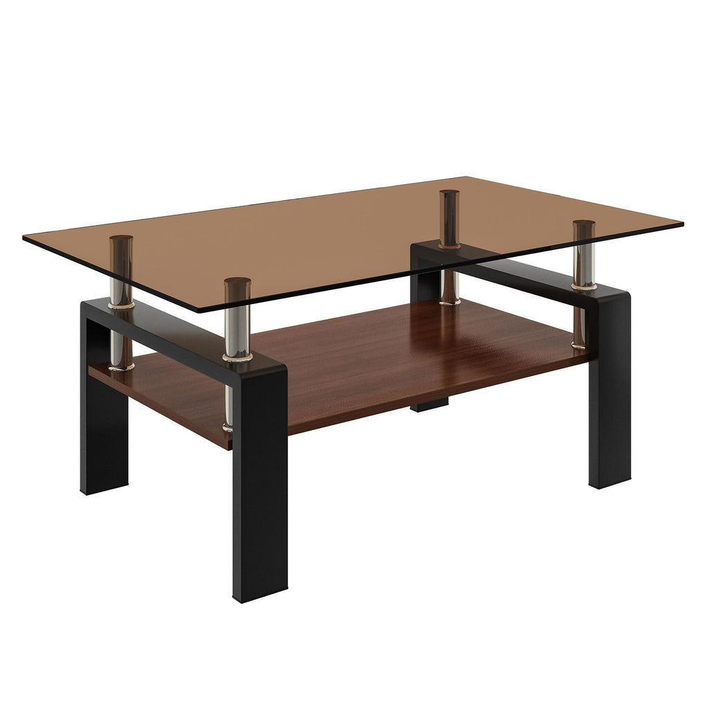 Modern Rectangular Coffee Table with Tempered Glass Top - White or Dark Brown