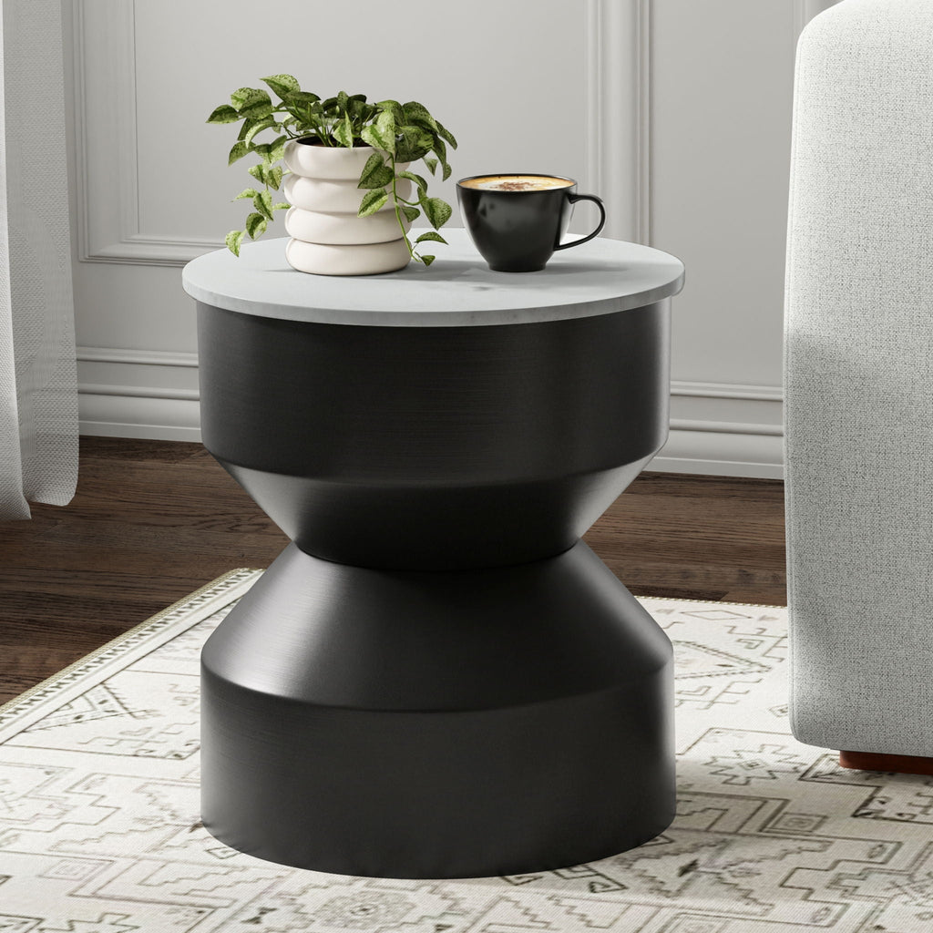 Black White Side Table with Marble Top and Iron Base