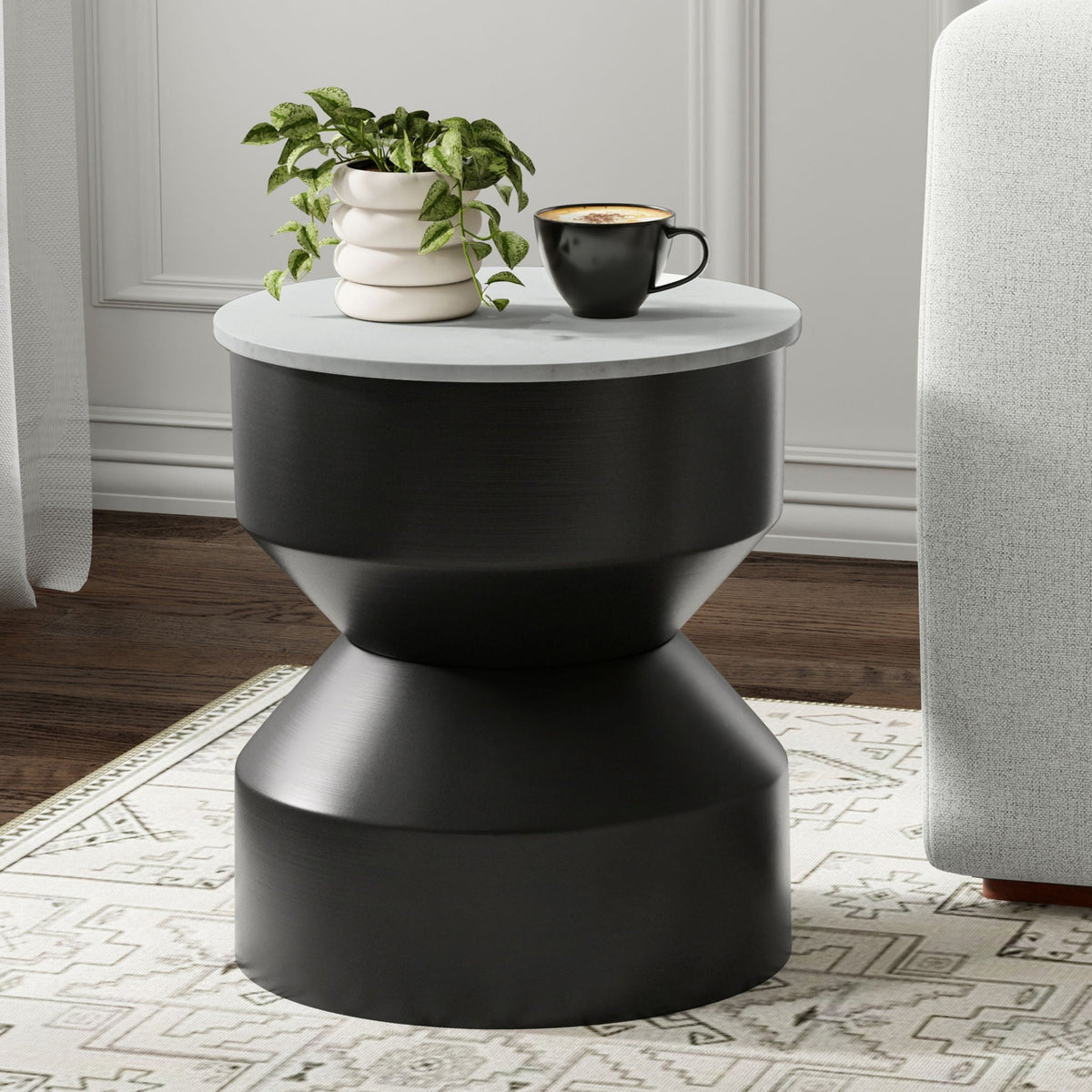 Black White Side Table with Marble Top and Iron Base