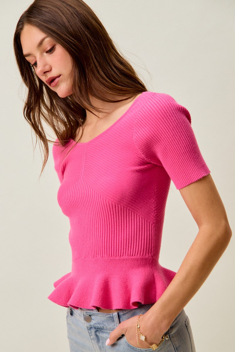SO ME Ribbed Knit Short Sleeves Peplum Sweater Top