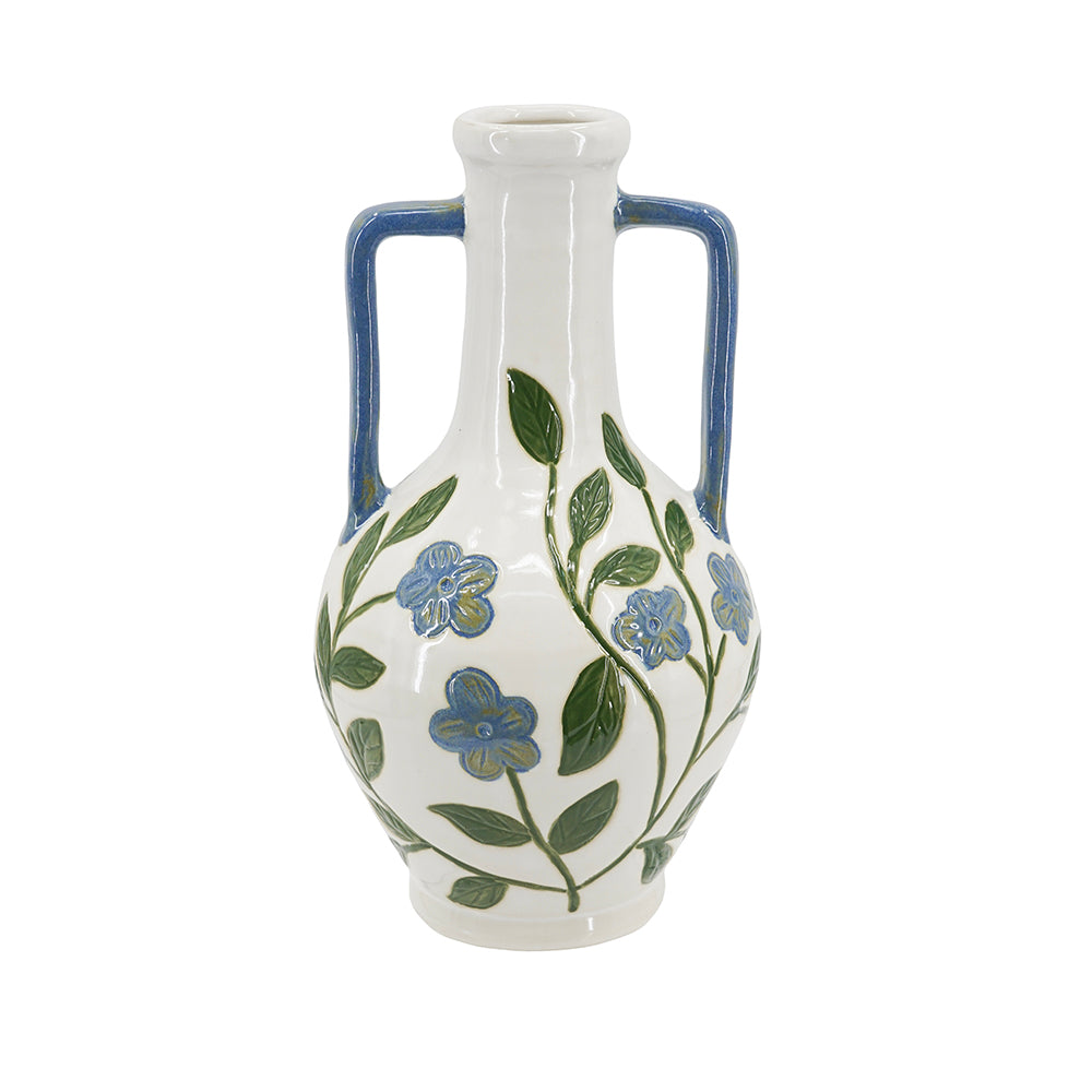 Floral Amphora Ceramic Vase with Elegant Floral Design - Blue, Green & White