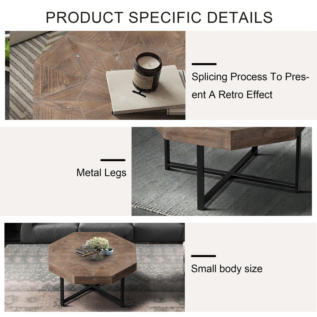 Wood Octagonal Vintage Patchwork Coffee Table with Metal Frame - Antique Brown