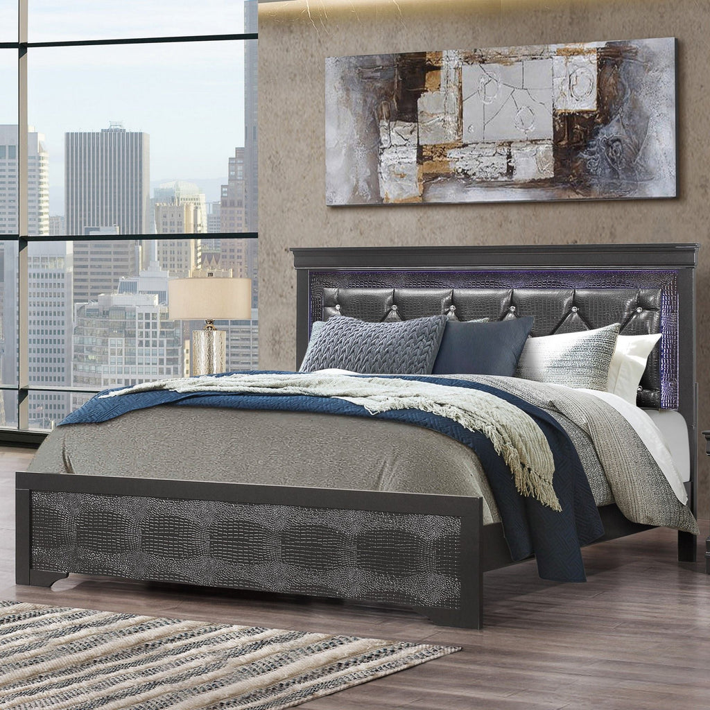 Panel Bed with LED Lighting and Tufted Headboard - White or Dark Gray