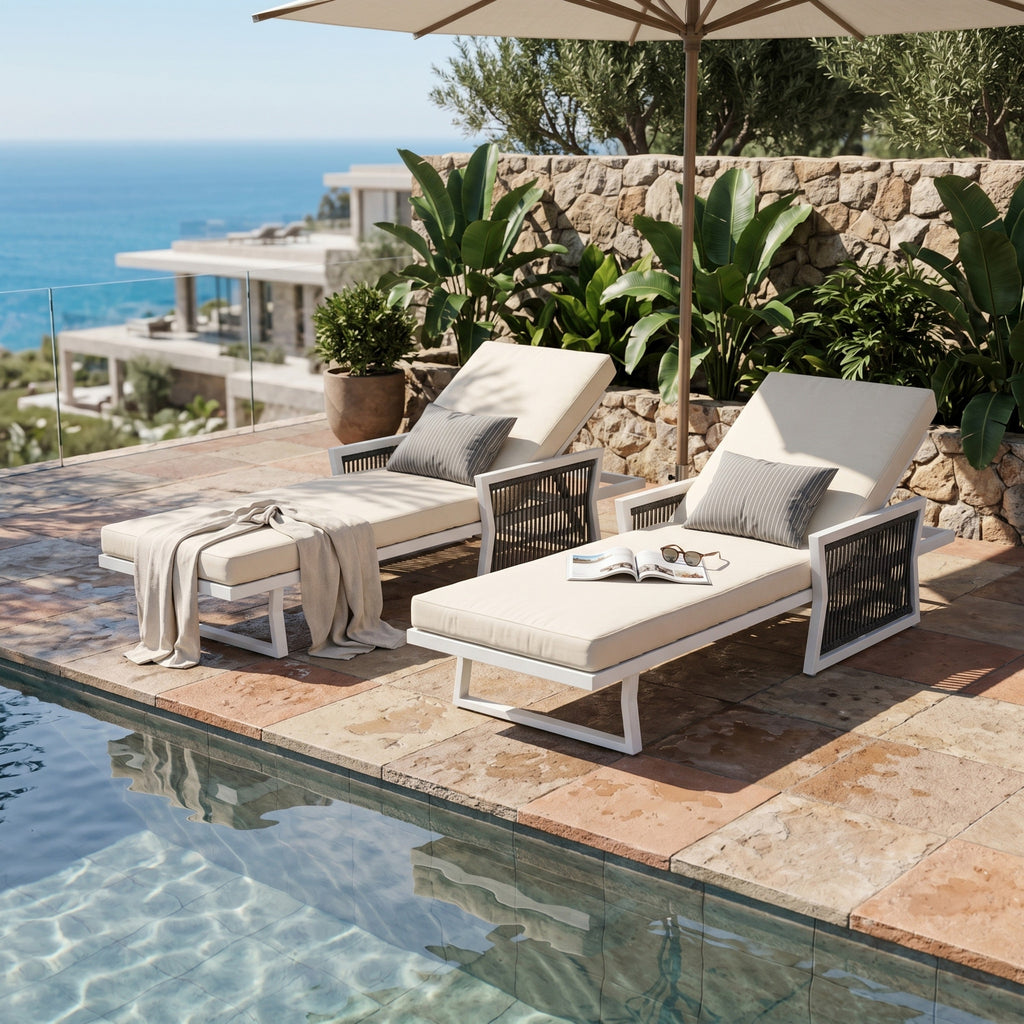 Modern White Iron Outdoor Chaise Lounger Set with Adjustable Backrest - White