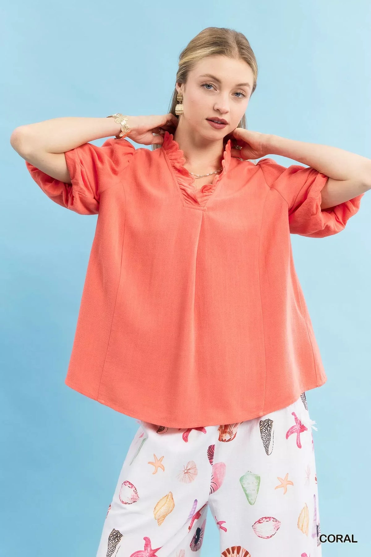 Umgee Linen Scallop Trim V-Neck Blouse