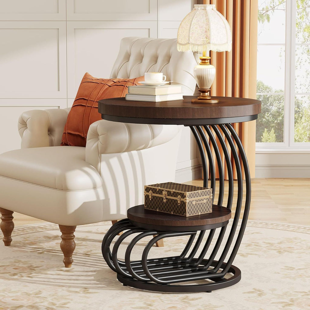 Round Vintage End Table with 2 Tier Storage - Dark Brown, Light Brown, White