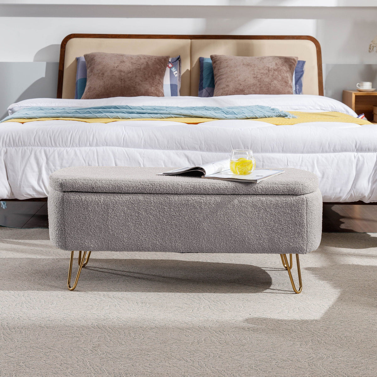 Faux Fur Storage Ottoman Bench with Padded Upholstery - Multiple Colors