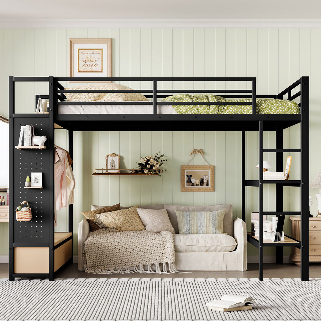 Queen Size Metal Loft Bed Frame with Wardrobe & Storage - Black