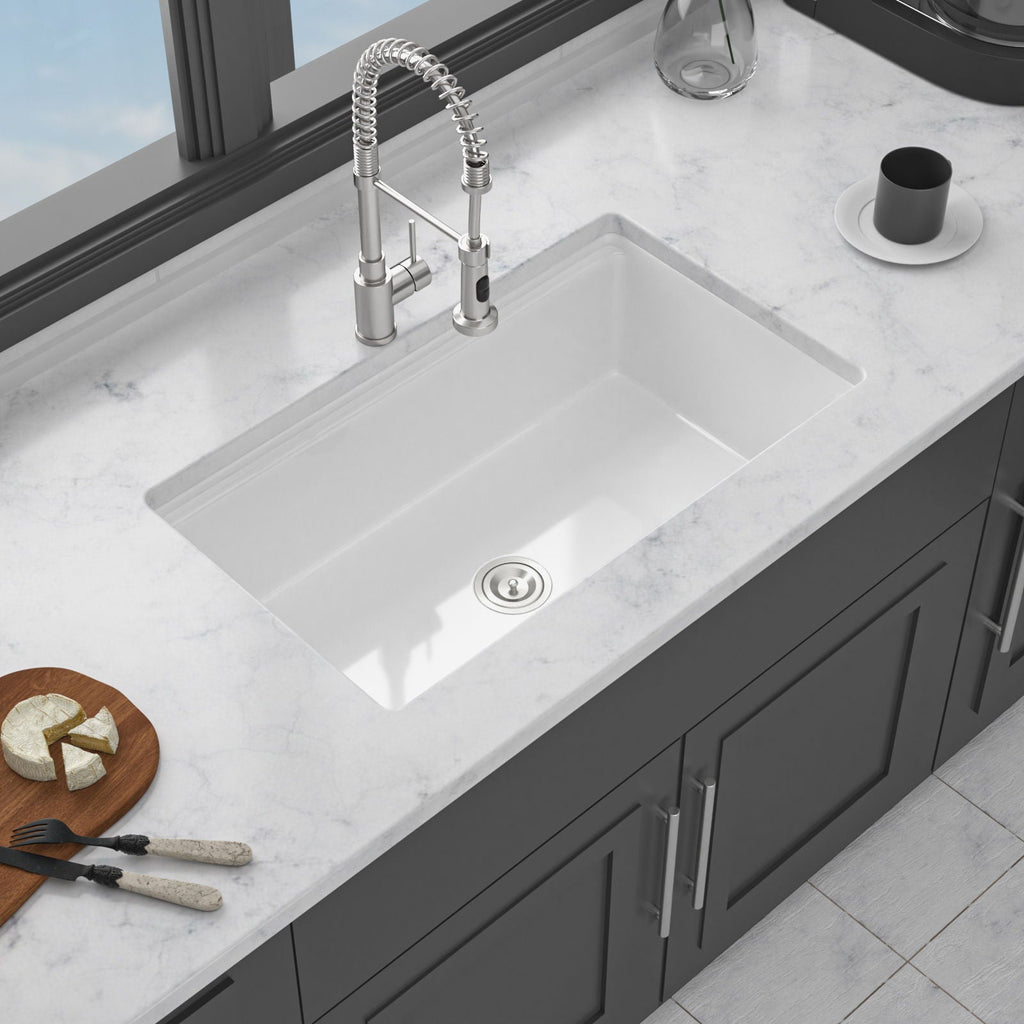 Porcelain Undermount Workstation Single Bowl Kitchen Sink – White