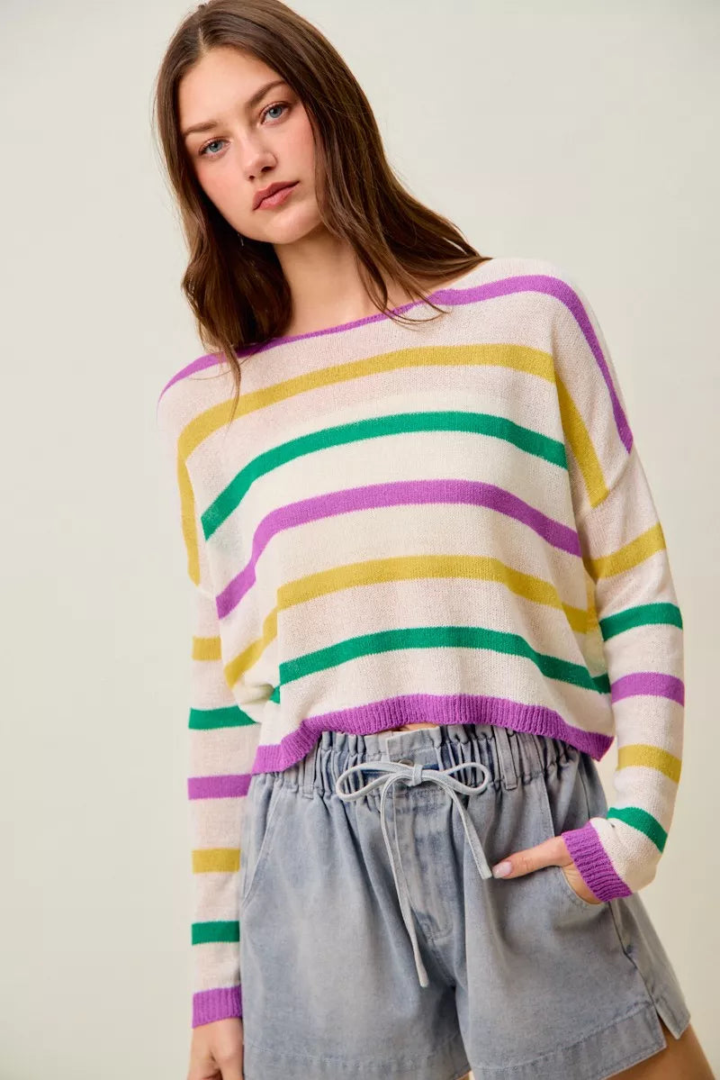 SO ME Mardi Gras Color Stripe Lightweight Sweater Top