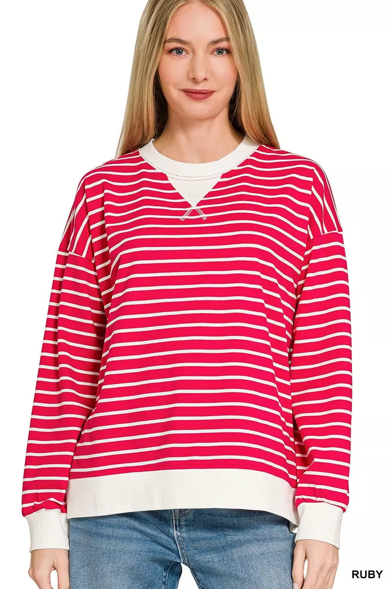 Zenana Contrast Striped Round Neck Sweatshirt
