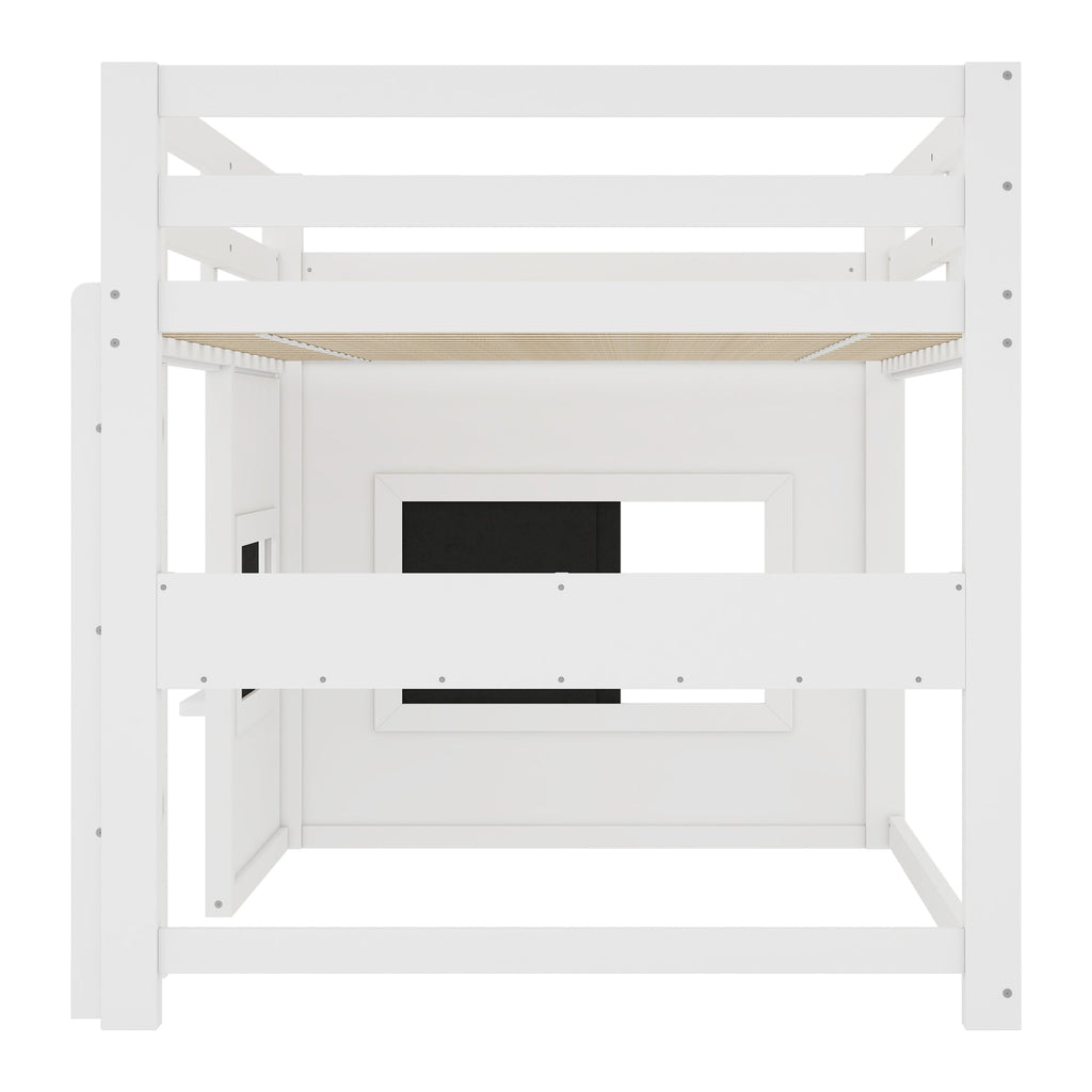 Twin Size Loft Bed with Sliding Chalkboard & Bookshelf - White