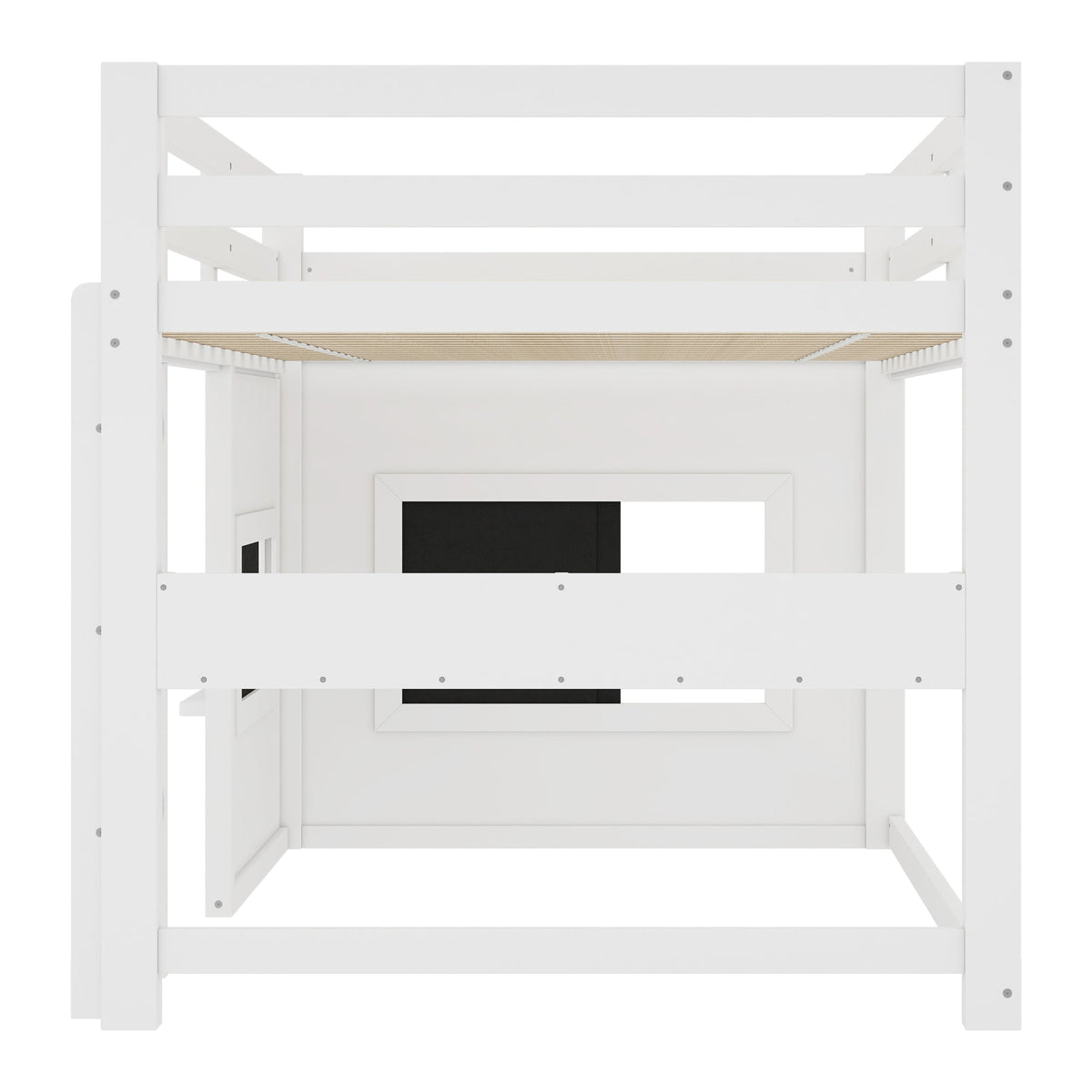 Twin Size Loft Bed with Sliding Chalkboard & Bookshelf - White