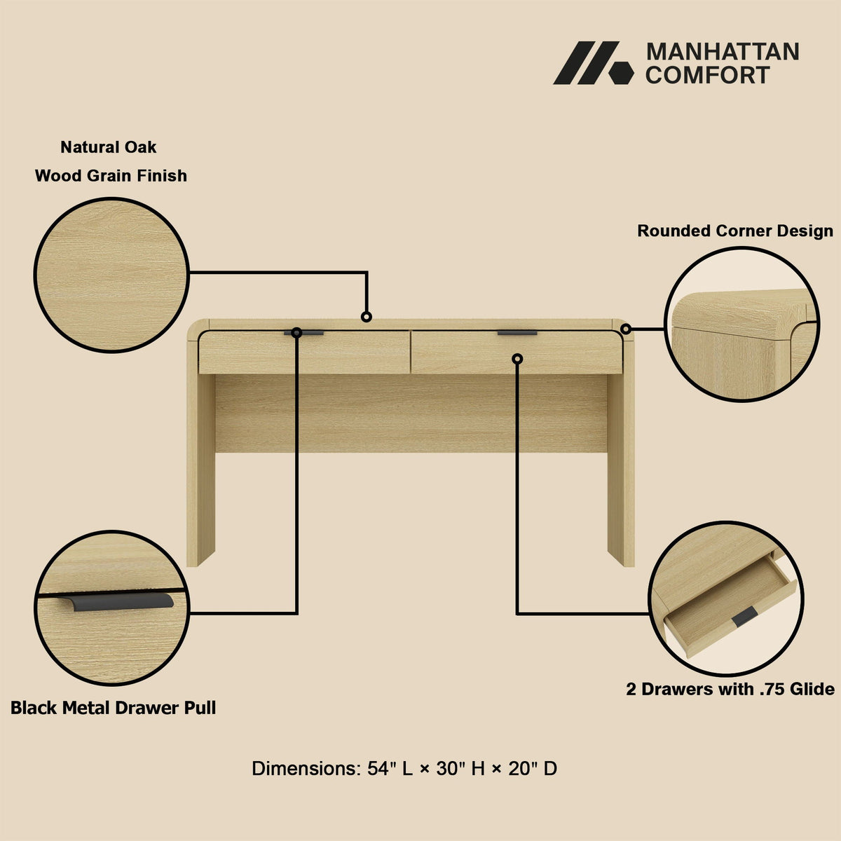 Oak Office Desk with 2 Drawers - Grace Collection