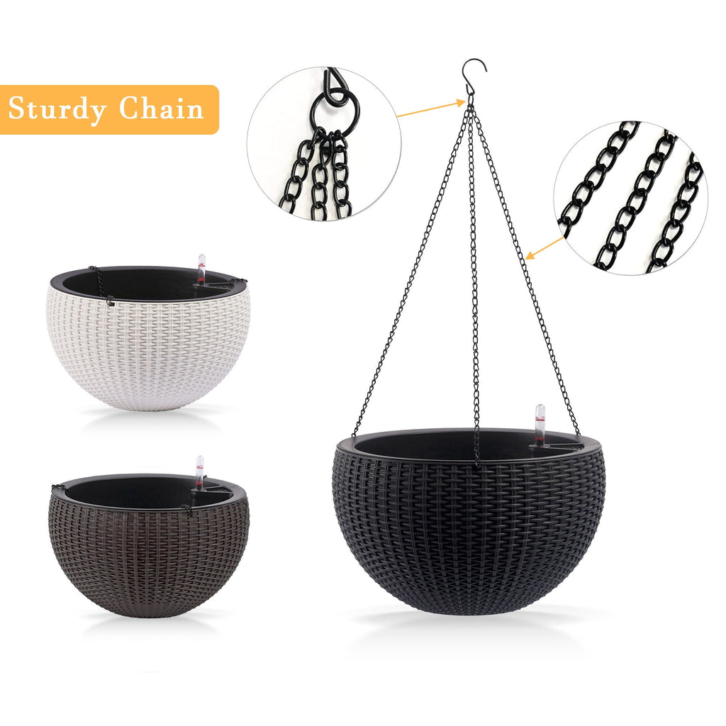 Self Watering Hanging Planter with Water Level Indicator - White, Black, or Dark Brown