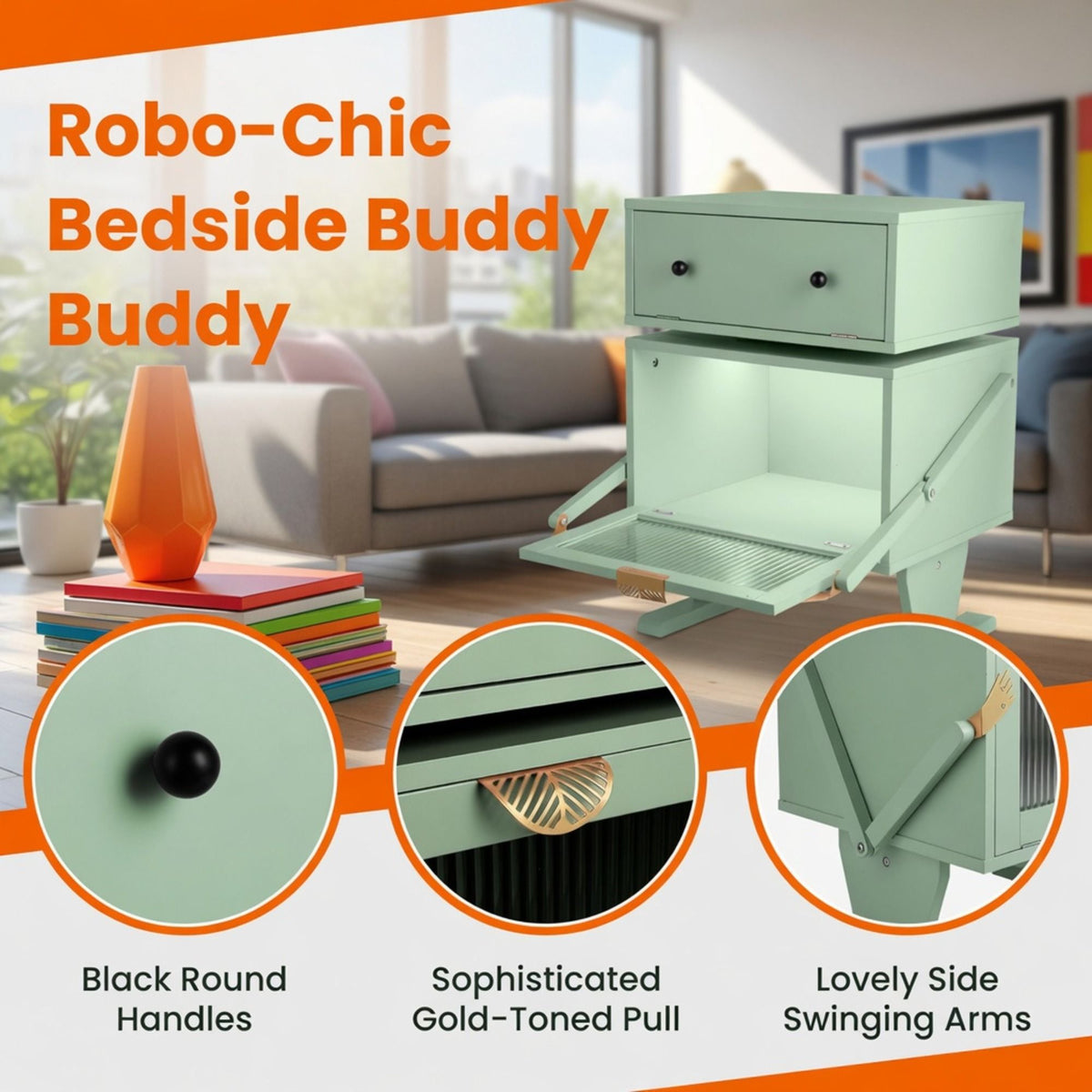 Robot LED Nightstand with 360° Rotating Drawer - White, Pink, or Green