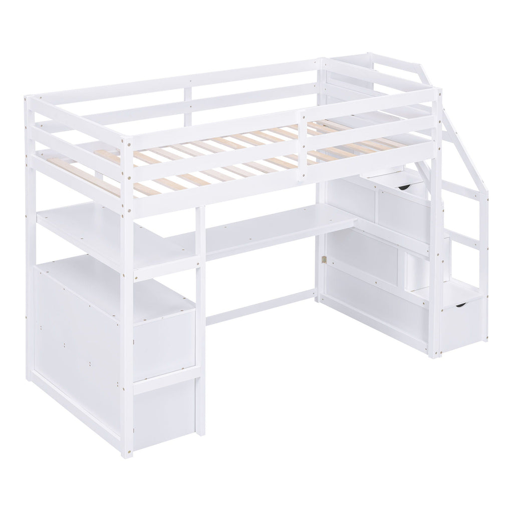 Loft Bed with Desk and Storage Staircase - Full or Twin, White or Gray