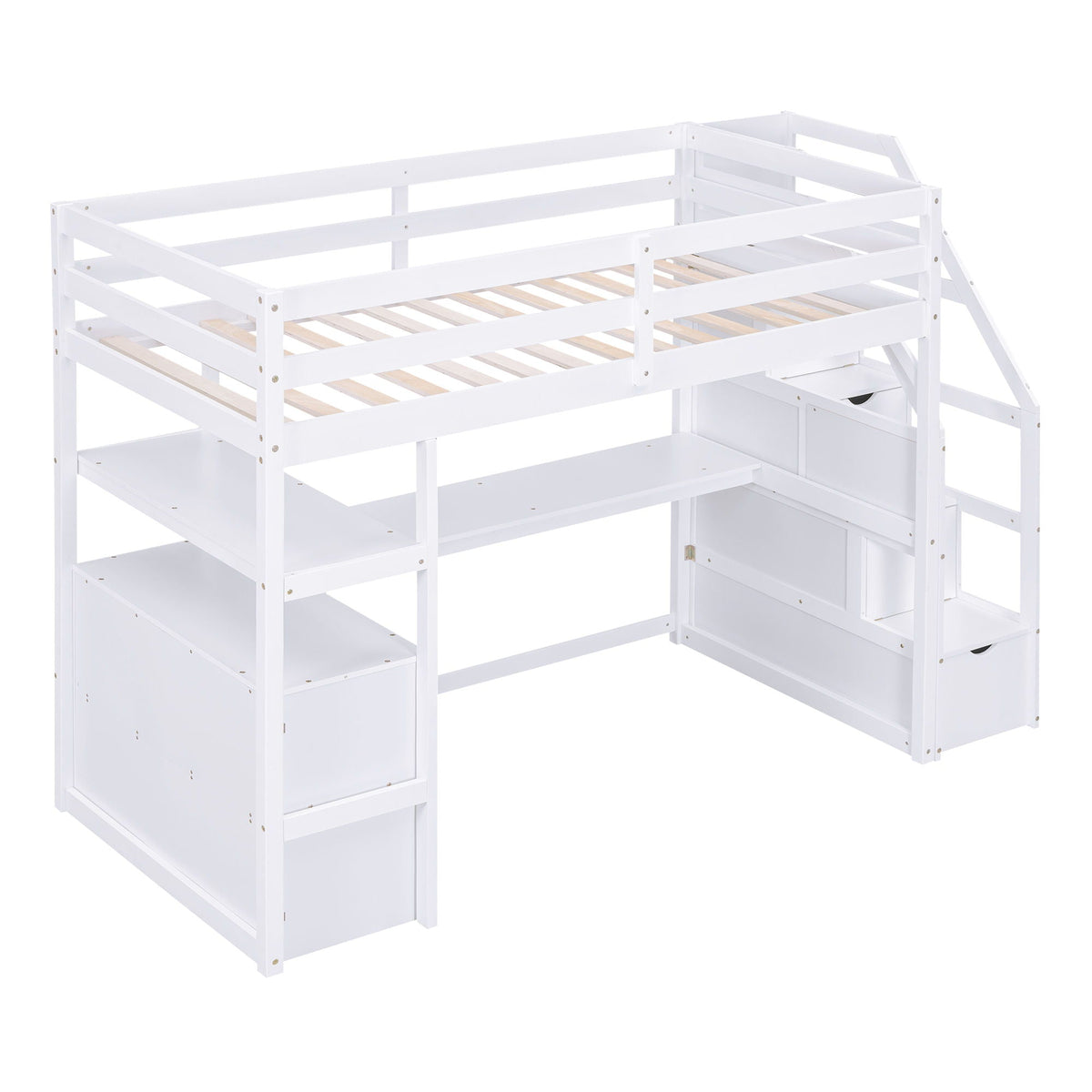 Loft Bed with Desk and Storage Staircase - Full or Twin, White or Gray