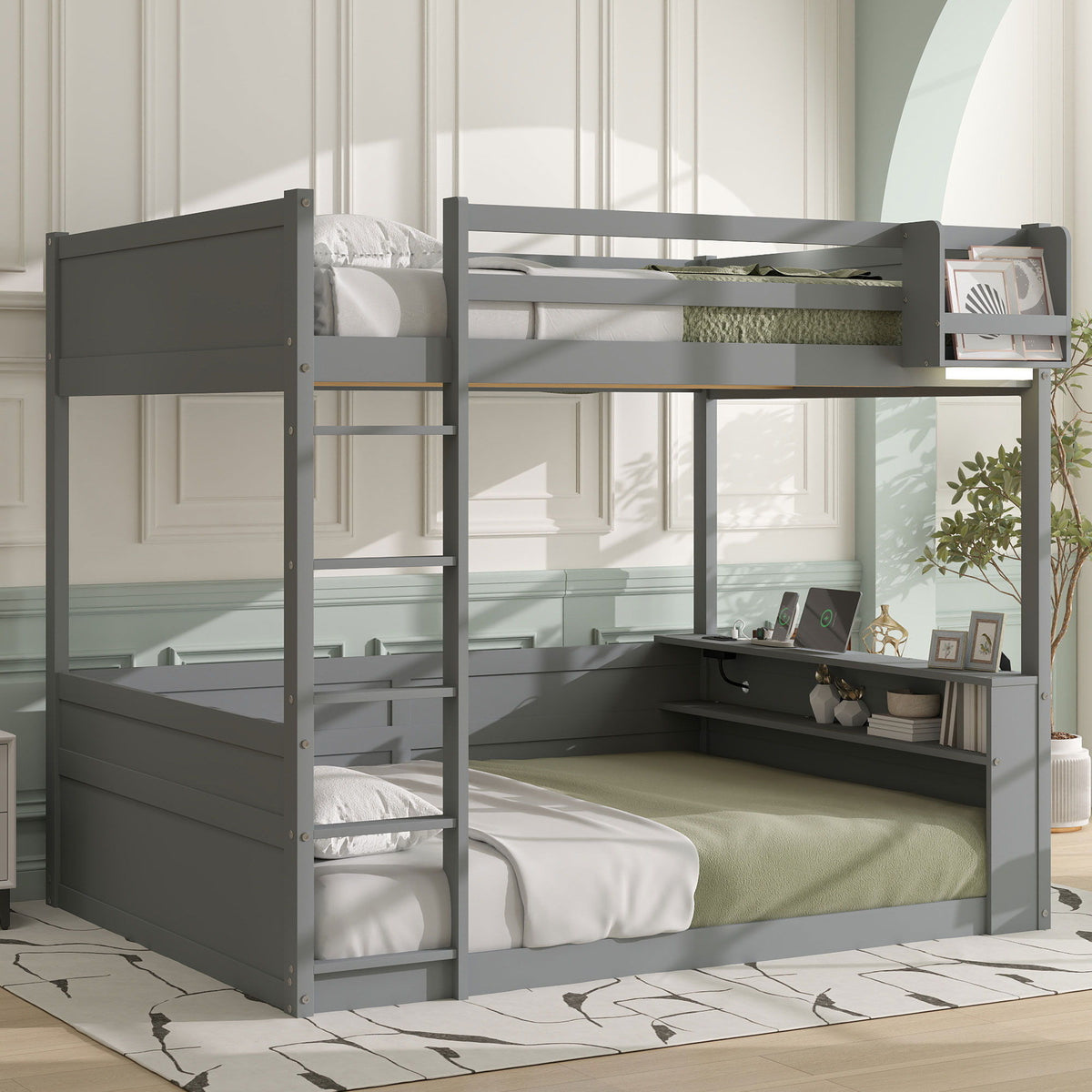 Bunk Bed With Built-In Shelves, Storage Box, LED Light And USB Charging Station
