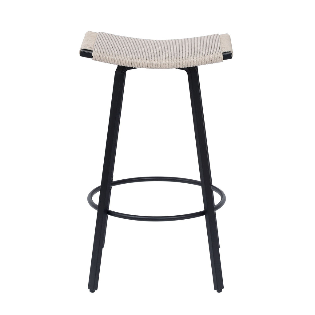 Counter Height Bar Stools Backless Handwoven Kitchen Dining Chairs With Round Footrest (Set of 2) Weaving Pub Stoo - Creamy White