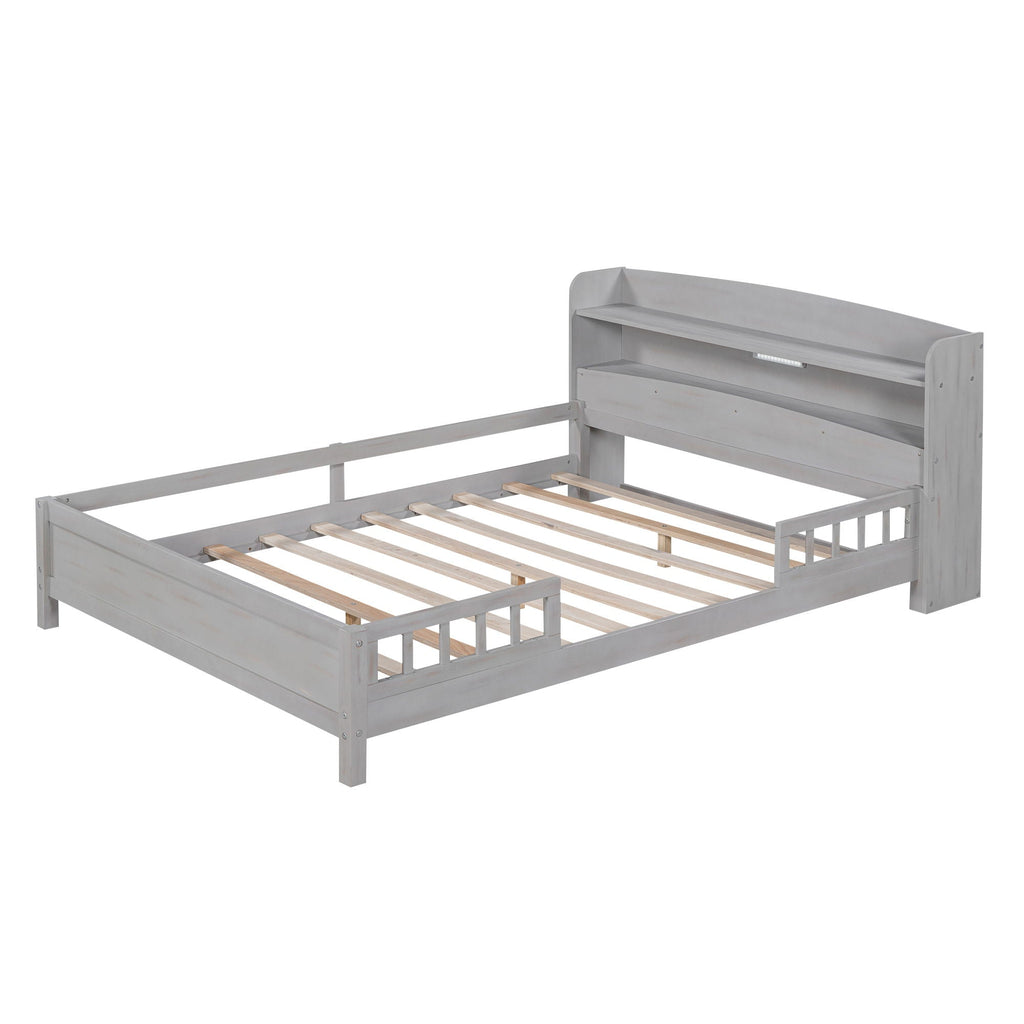 Wood Platform Bed With Built In LED Light, Storage Headboard And Guardrail