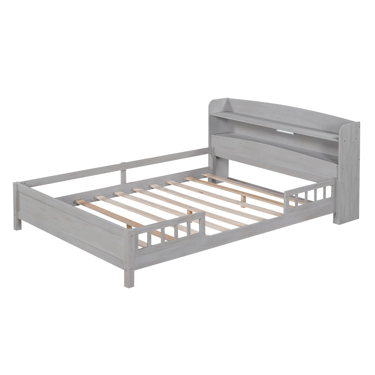 Wood Platform Bed With Built In LED Light, Storage Headboard And Guardrail