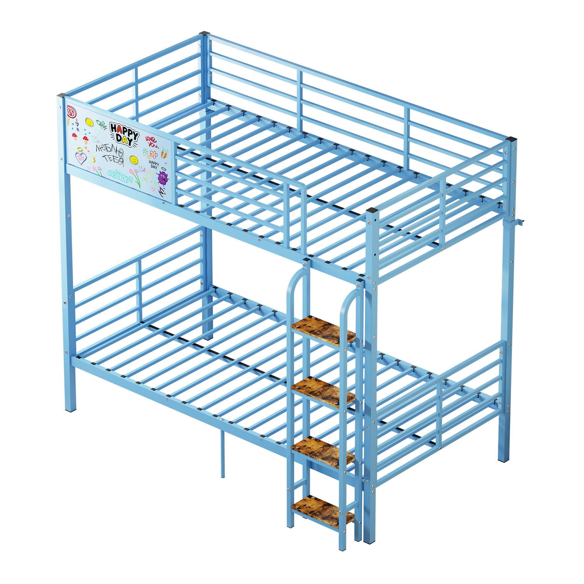 Blue Convertible Twin Bunk Bed with Guardrail and Ladder