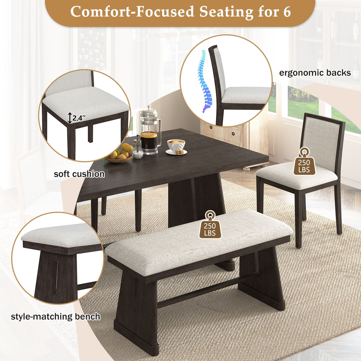 6 Piece Dining Room Set with Upholstered Chairs & Padded Bench - Light or Dark Brown