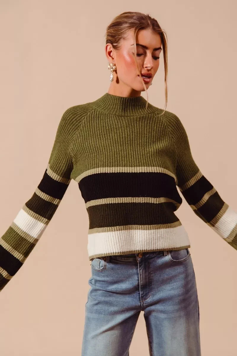 SO ME Multi Color Striped Mock Neck Sweater