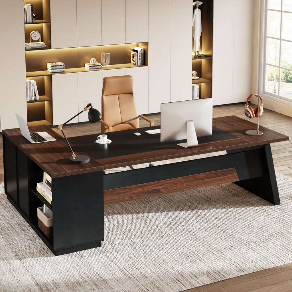 L-Shaped Executive Desk with File Cabinet and Drawers - Black