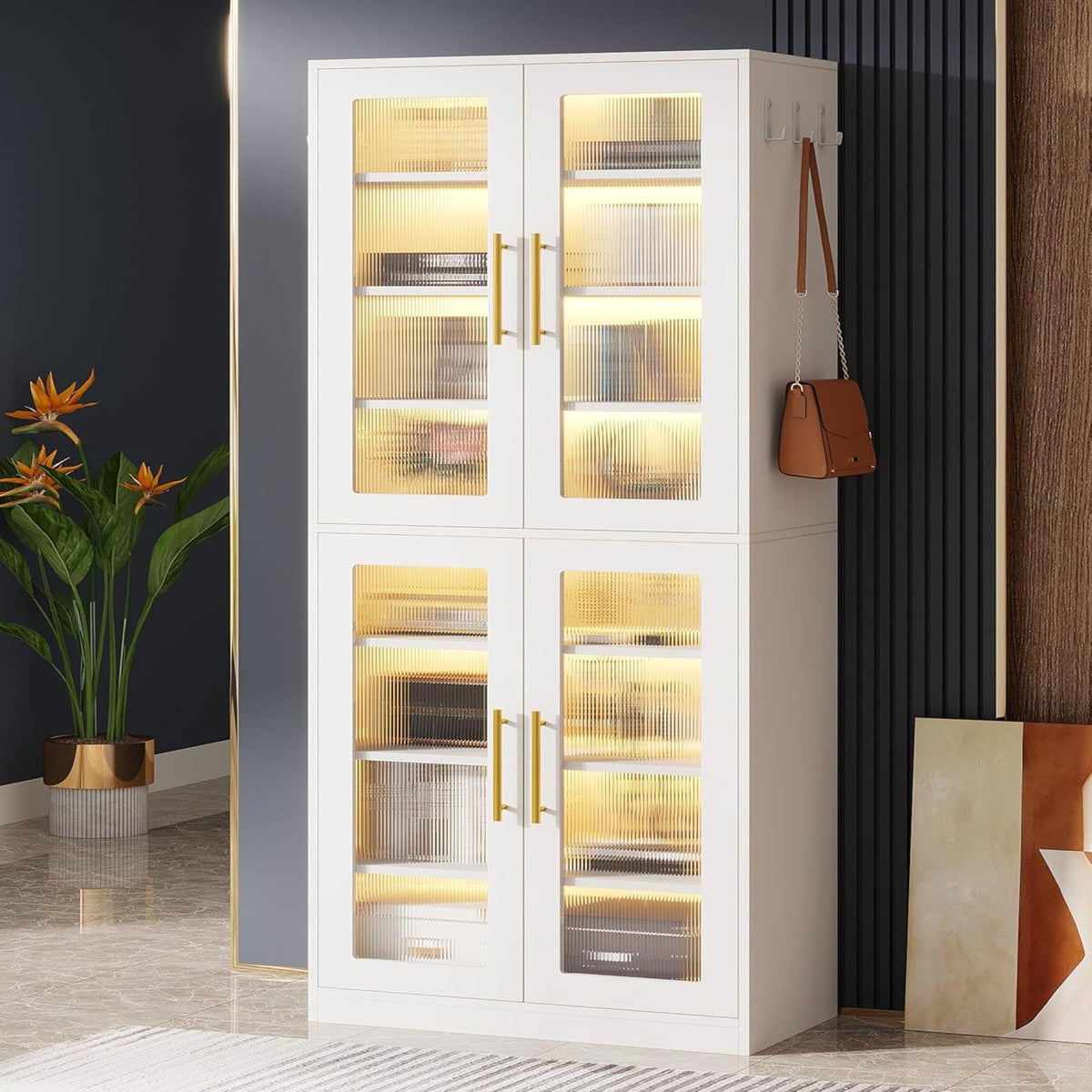 Bookcase With Doors and LED Lighting with Adjustable Shelves - Black, Gray, White