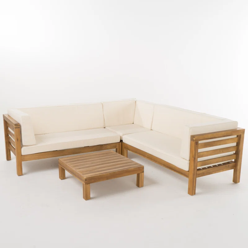 Outdoor Wooden Sectional Set with Cushions - Beige